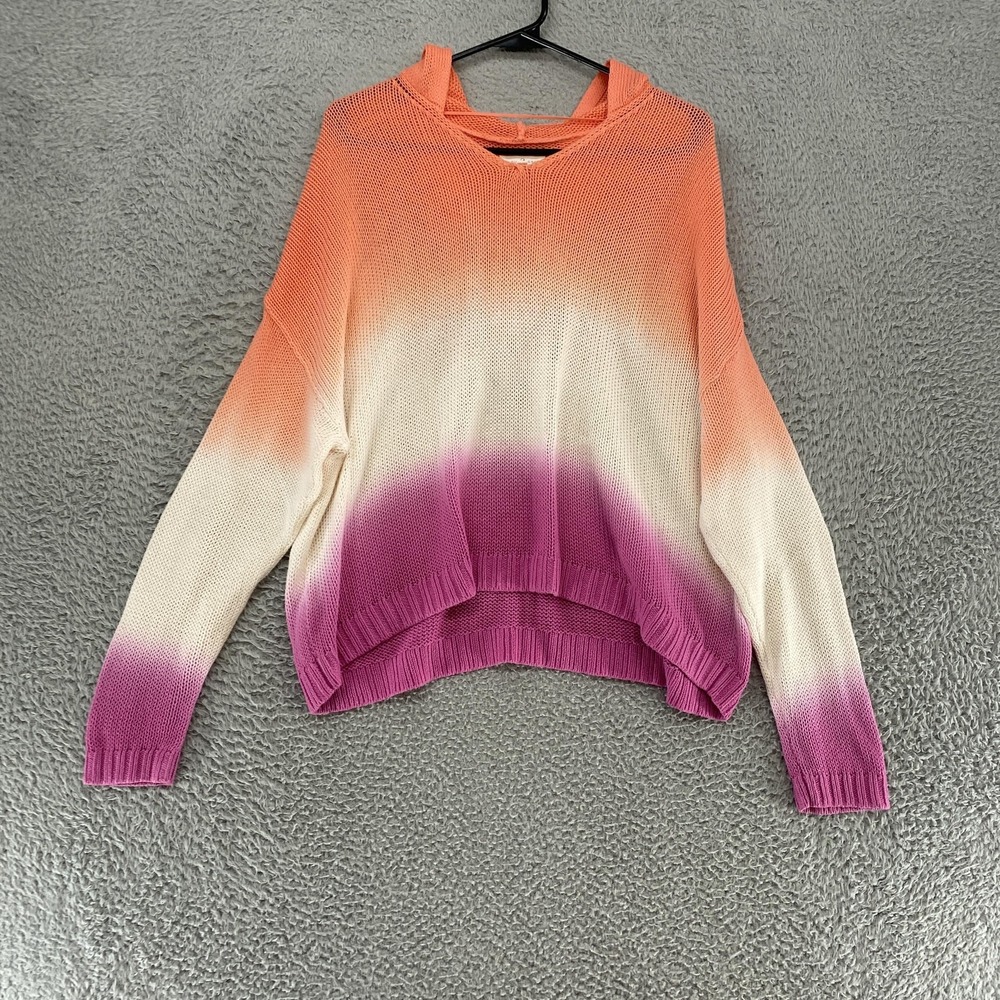 Lou & Grey Sweater Womens Medium Dip Dye Hoodie V Neck Open Knit Beachy Coastal